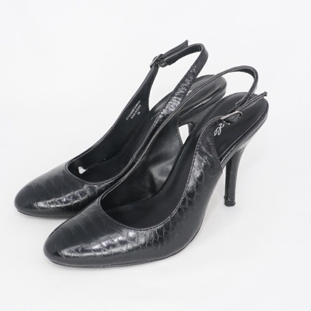 Solanz Black Croc Leather Sabrina Slingback Heels, Size 7